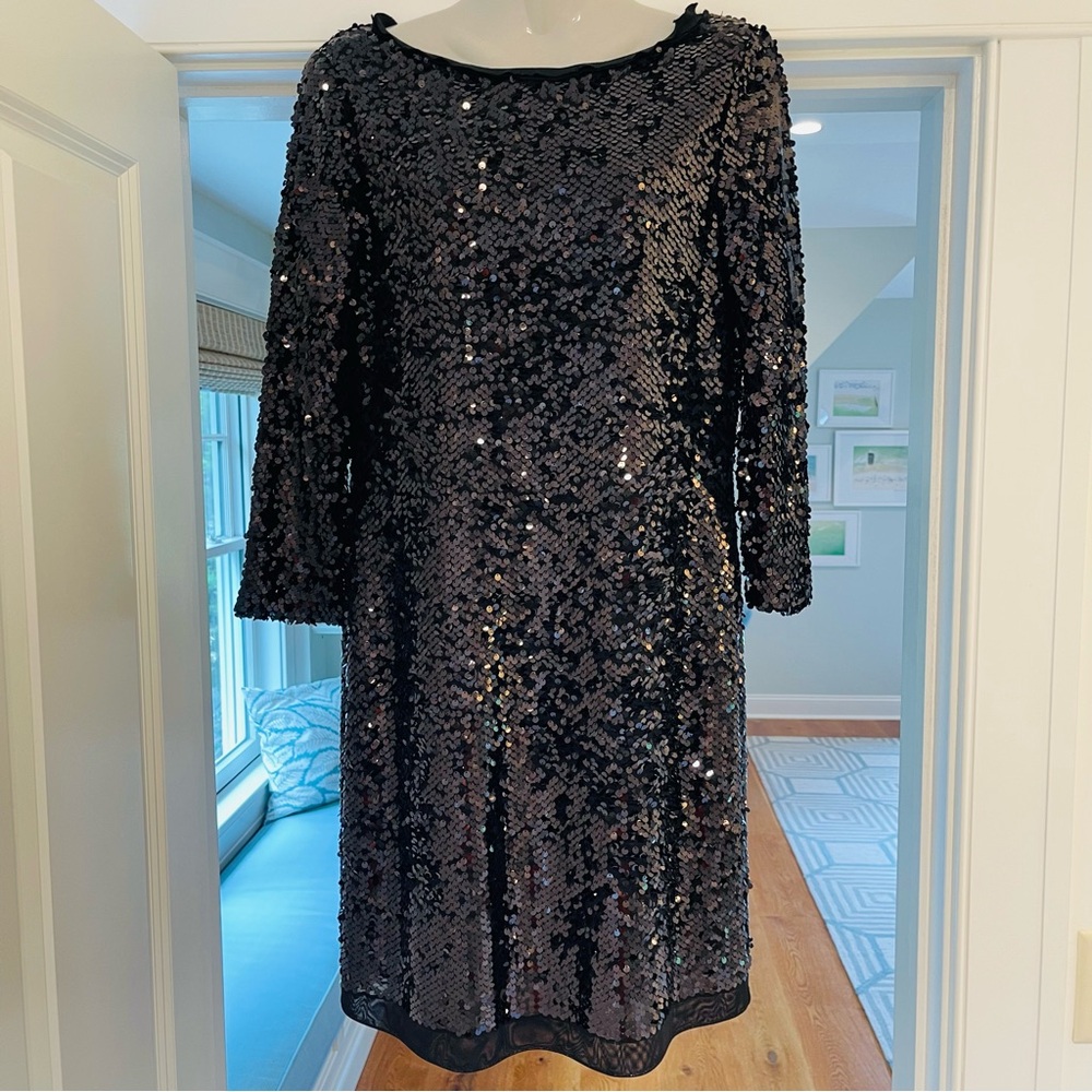 ELIE TAHARI Black Amelie Sequin Dress w/ sleeve Sz 8 NEW silky edge neck hem NWT